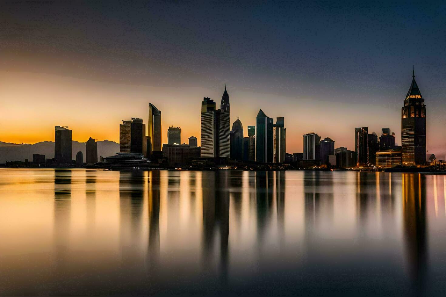 de stad horisont på solnedgång i dubai. ai-genererad foto