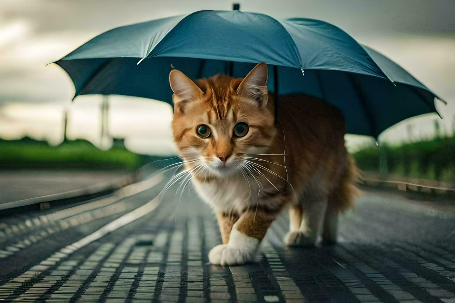 ett orange katt gående på en väg under ett paraply. ai-genererad foto