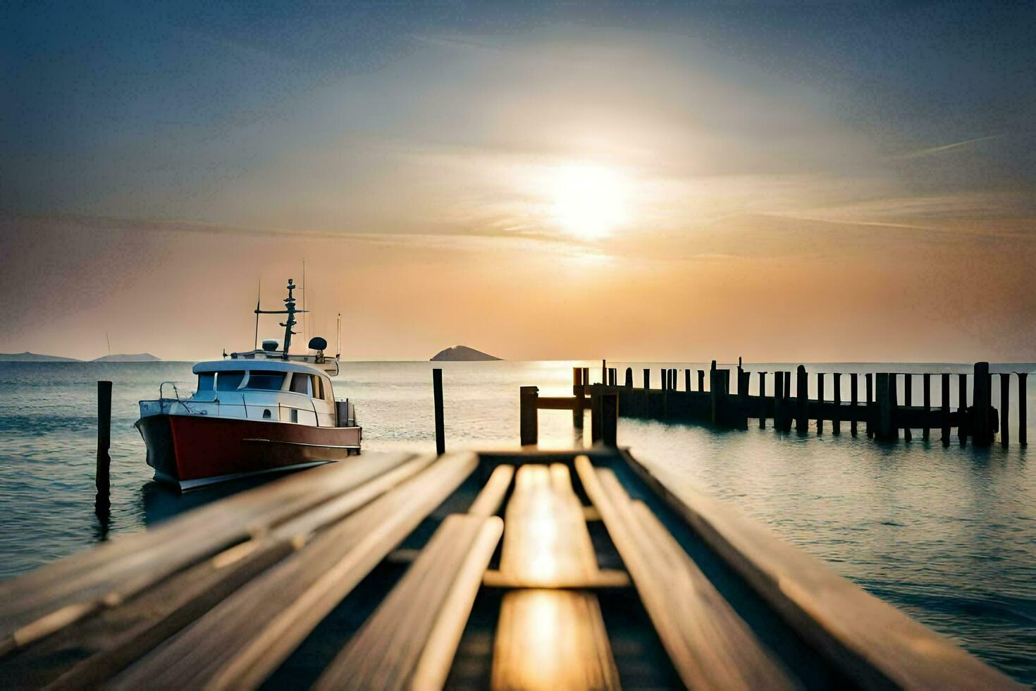 en båt dockad på de slutet av en pir på solnedgång. ai-genererad foto