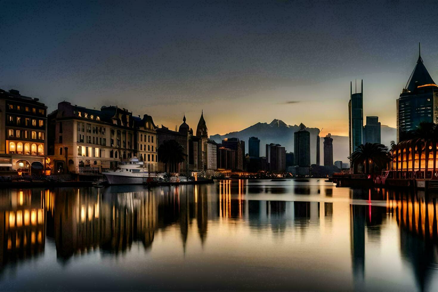 de stad horisont är reflekterad i de vatten på solnedgång. ai-genererad foto