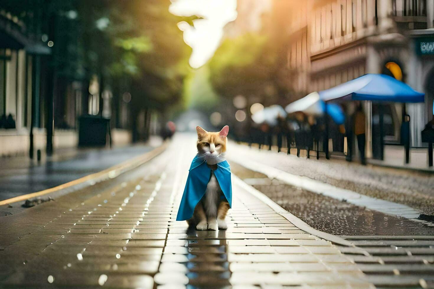 en katt bär en blå cape promenader ner en gata. ai-genererad foto