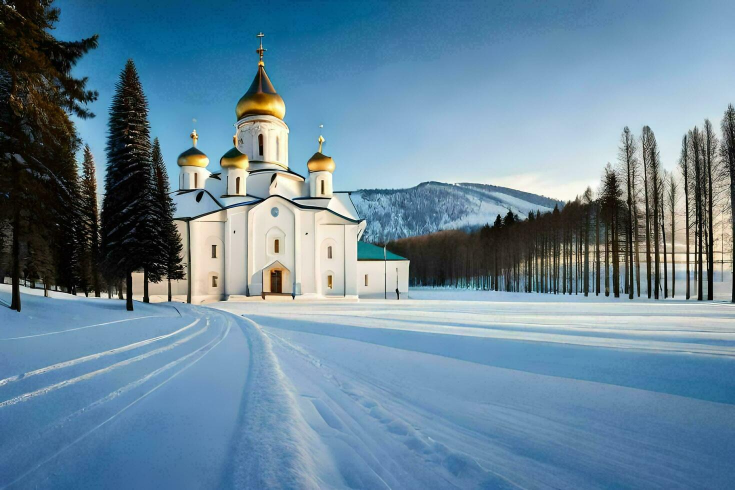 en kyrka i de snö med träd och bergen i de bakgrund. ai-genererad foto