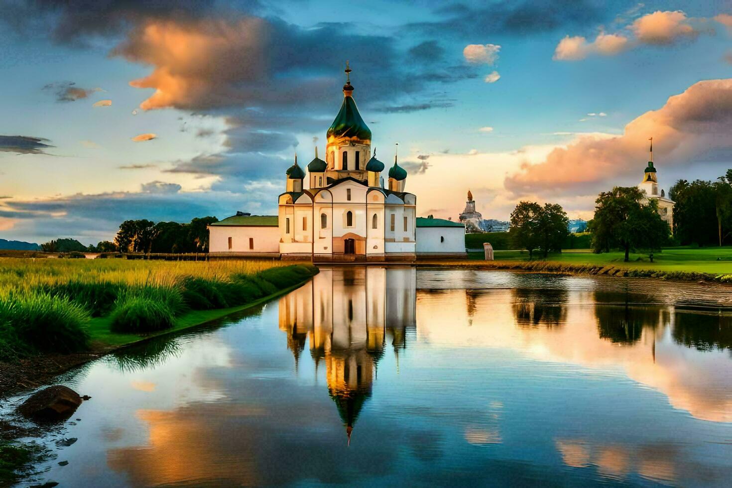 de kyrka är reflekterad i de vatten på solnedgång. ai-genererad foto