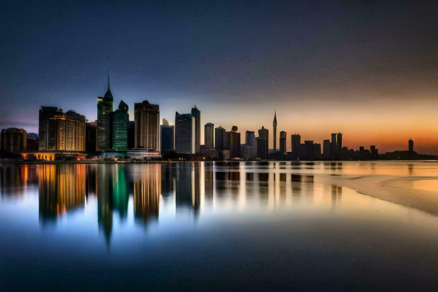 de stad horisont på solnedgång i dubai. ai-genererad foto