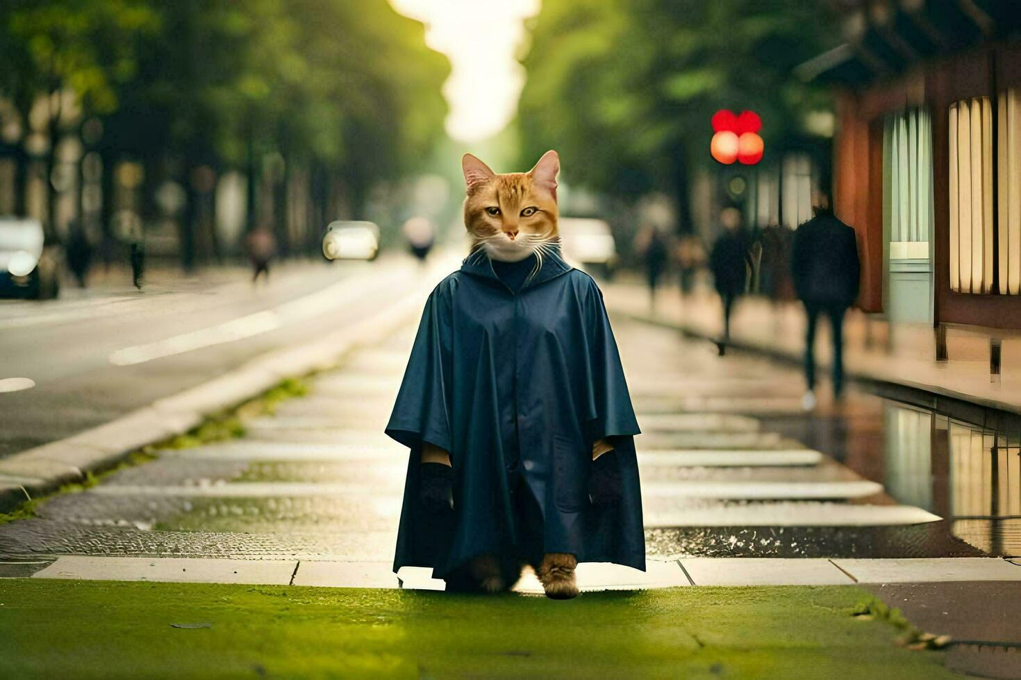 en katt klädd i en regnkappa stående på en gata. ai-genererad foto