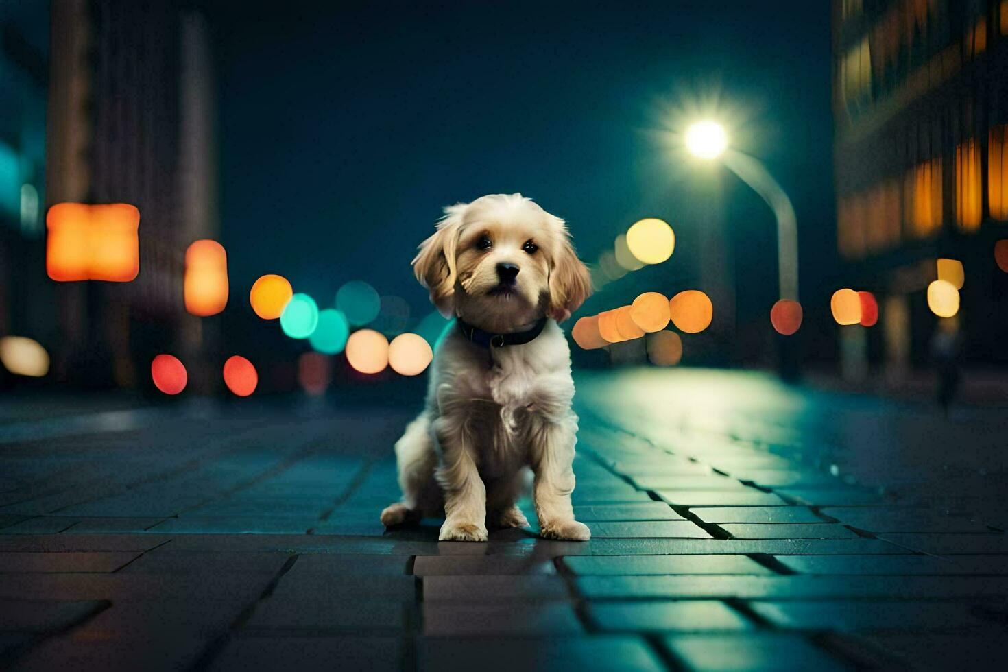 en hund Sammanträde på de gata på natt. ai-genererad foto