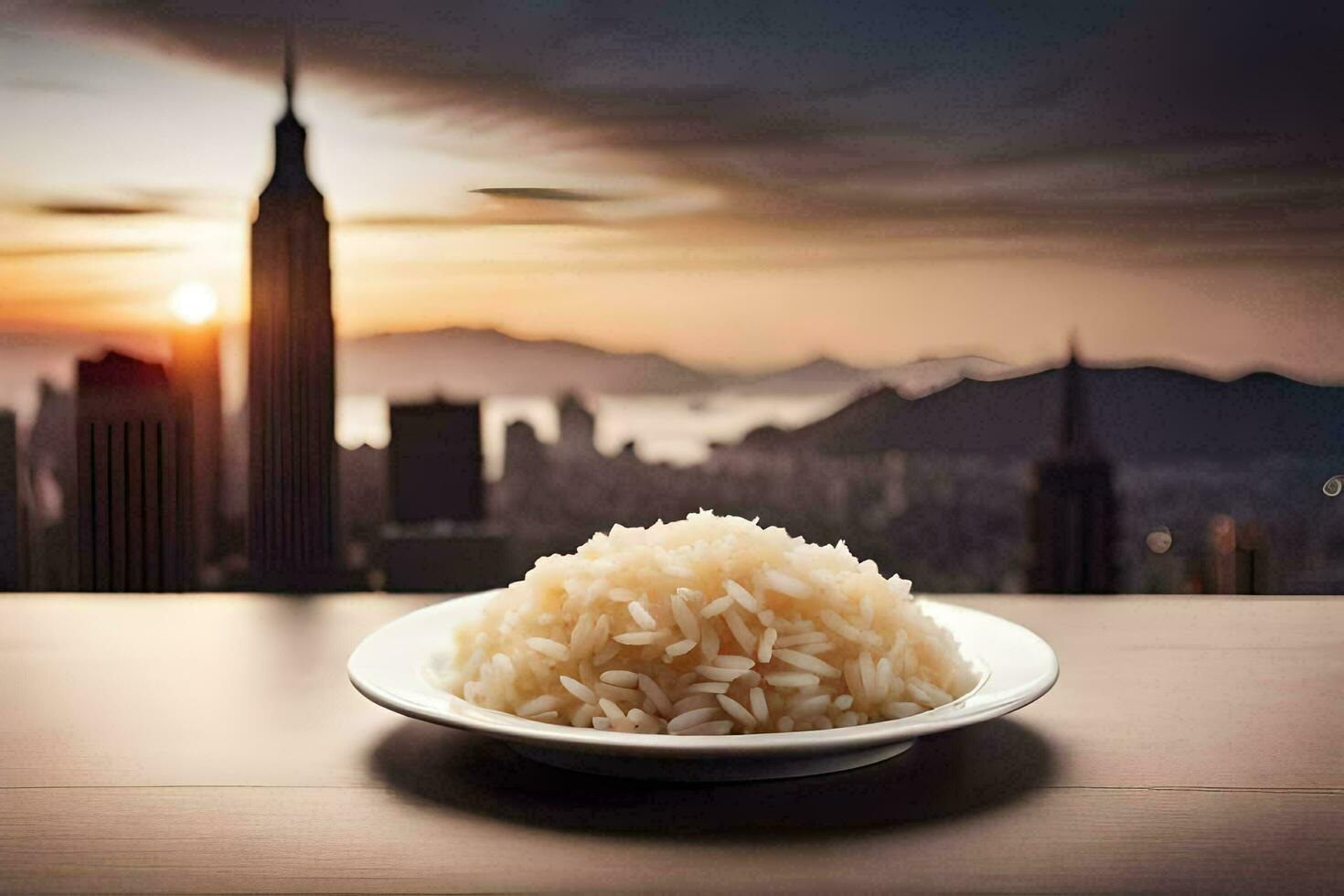 en tallrik av ris med en se av de stad. ai-genererad foto