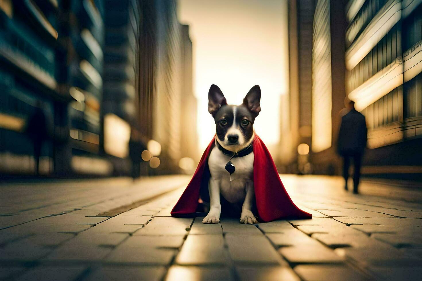 en hund bär en cape på de gata. ai-genererad foto