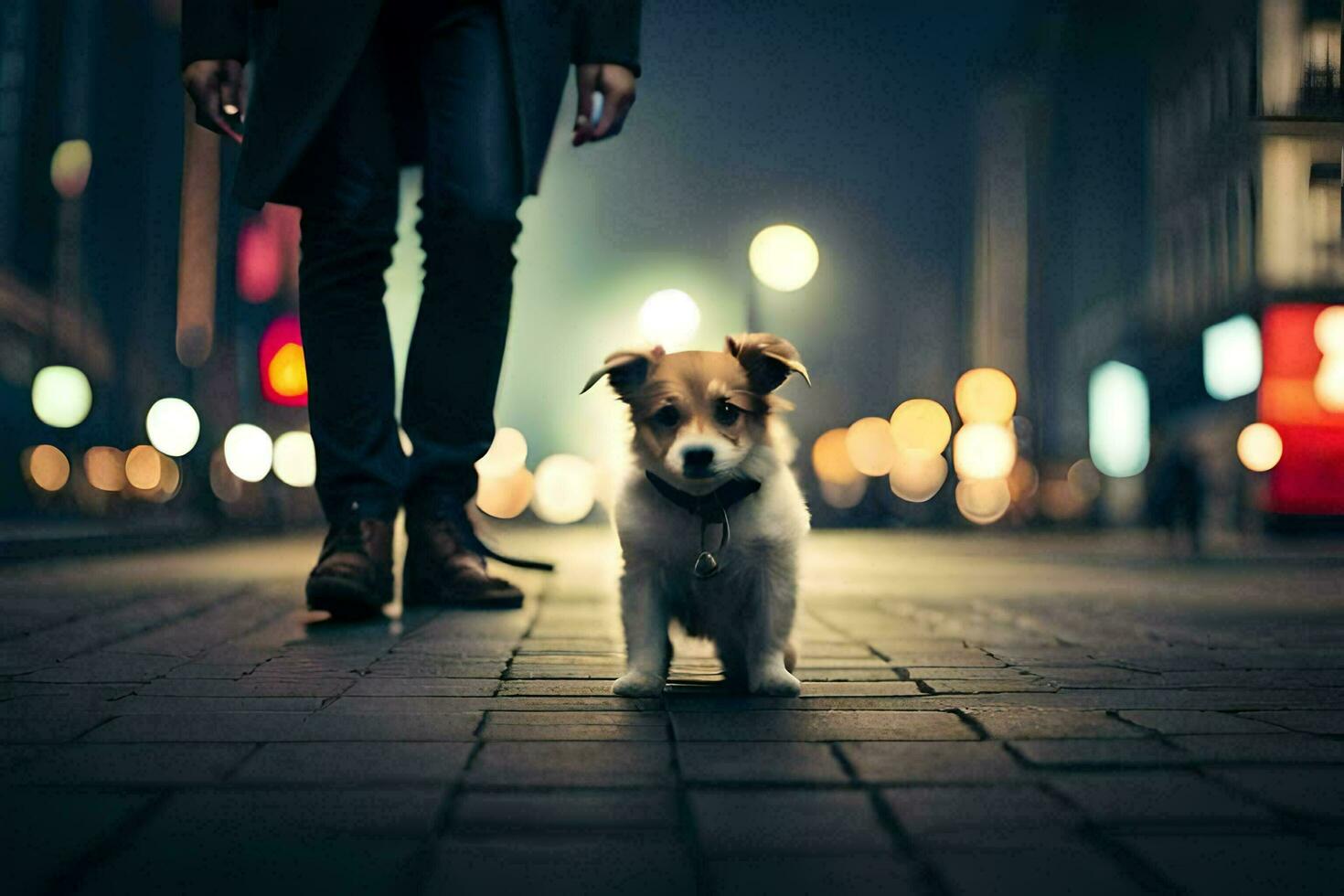 en små hund är stående på de gata på natt. ai-genererad foto