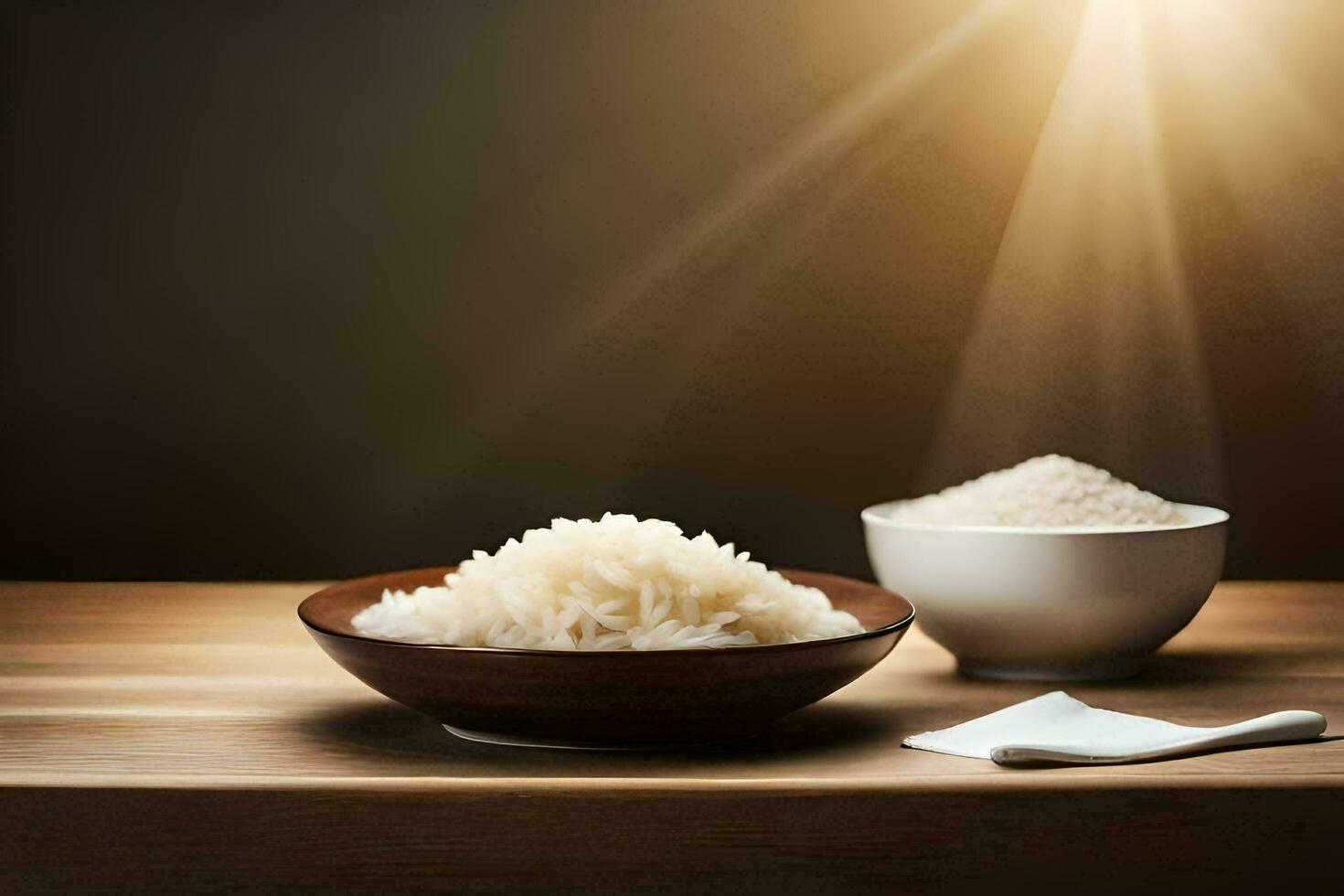 vit ris i en skål och en sked på en trä- tabell. ai-genererad foto
