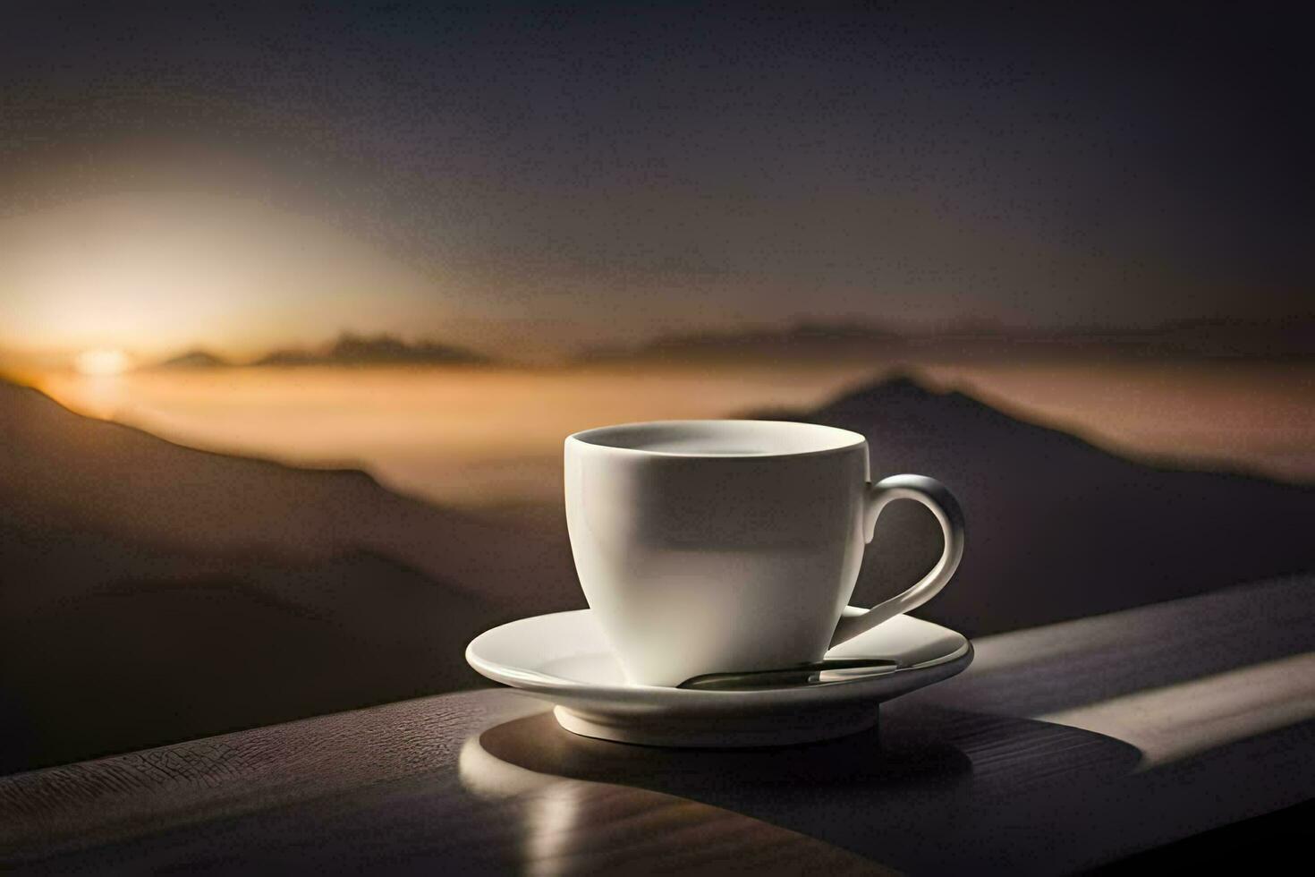 en kopp av kaffe på en tabell med bergen i de bakgrund. ai-genererad foto
