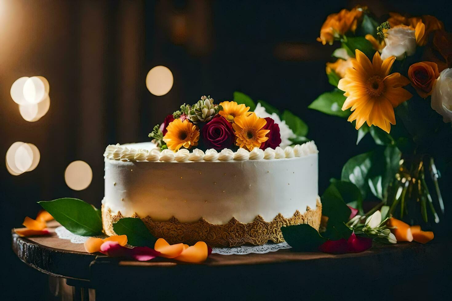 en vit kaka med blommor på topp. ai-genererad foto