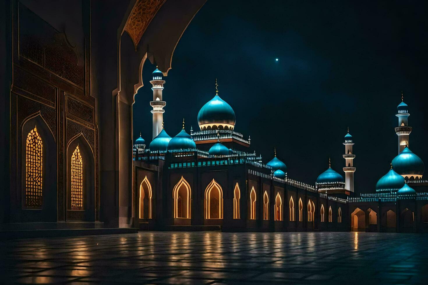 de moské på natt med blå kupoler. ai-genererad foto
