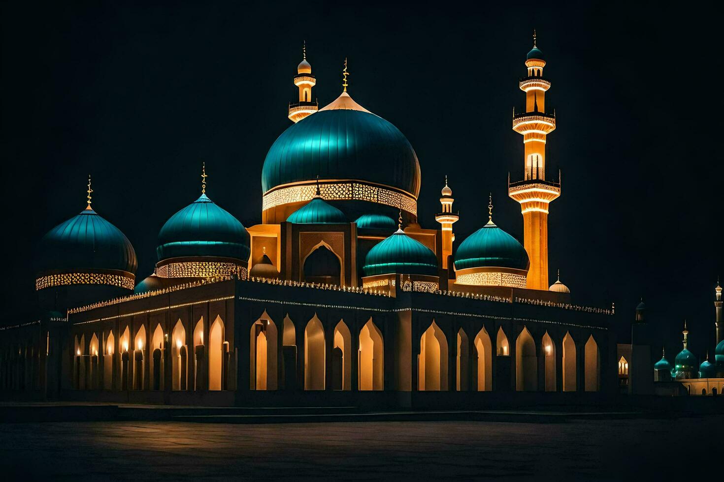 de moské på natt med blå kupoler. ai-genererad foto