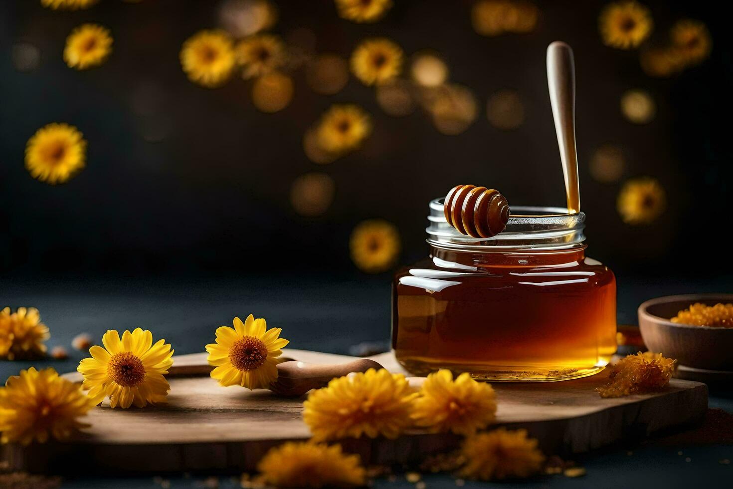 honung och blommor på en trä- styrelse. ai-genererad foto