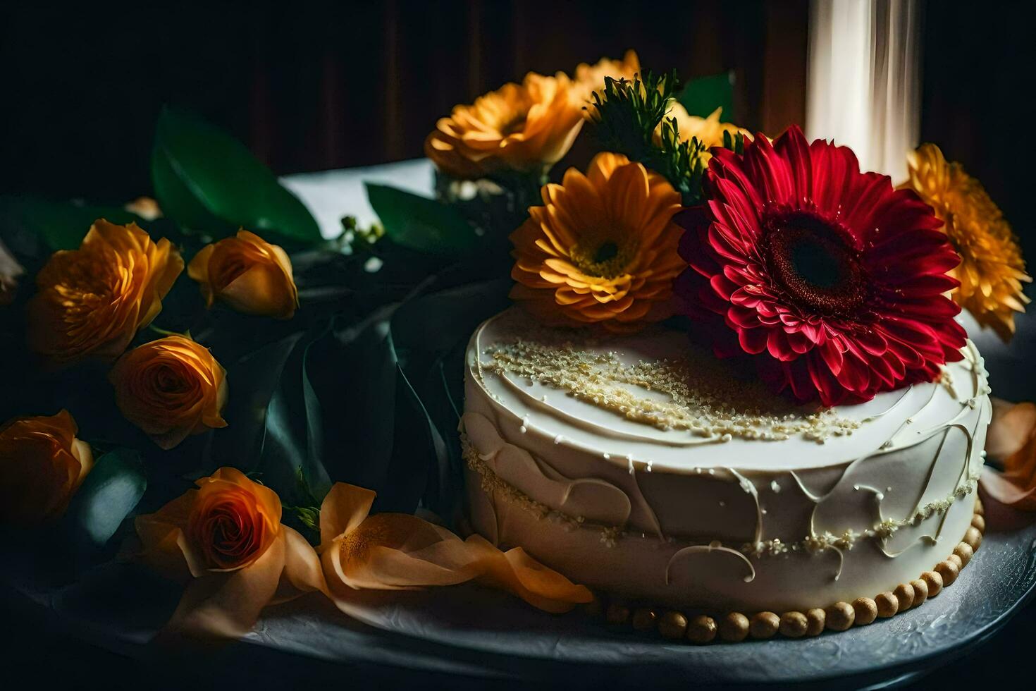 en vit kaka med röd och orange blommor på Det. ai-genererad foto