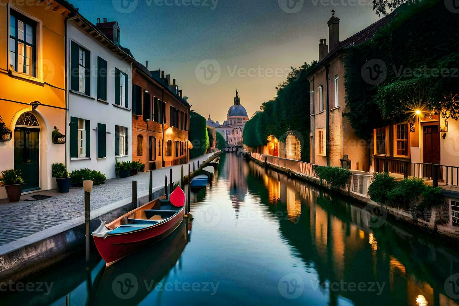 en kanal i Venedig med båtar och byggnader. ai-genererad foto