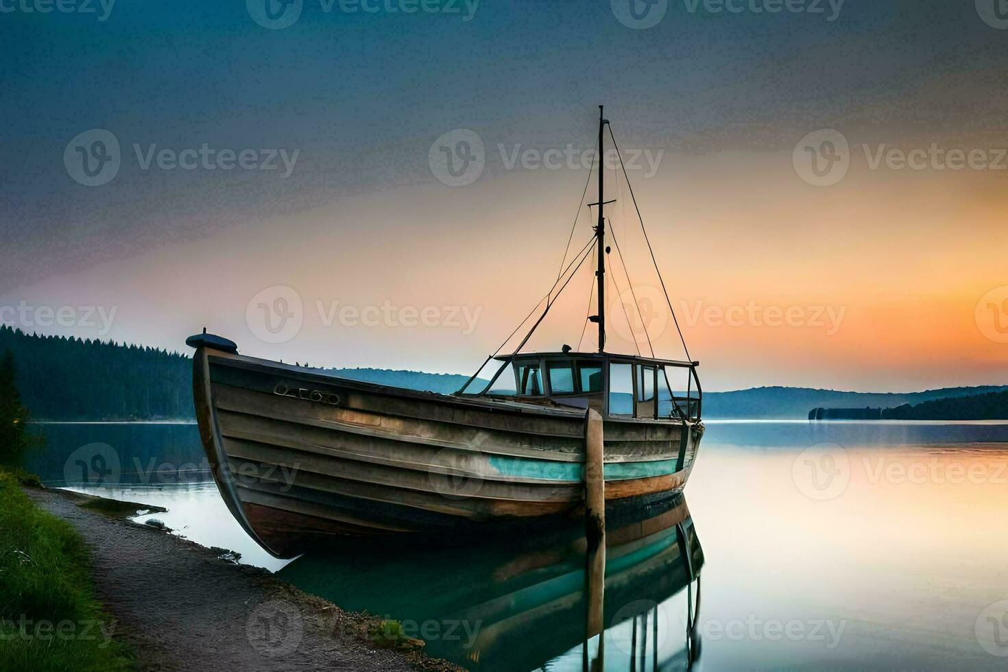 en båt sitter på de Strand på solnedgång. ai-genererad foto