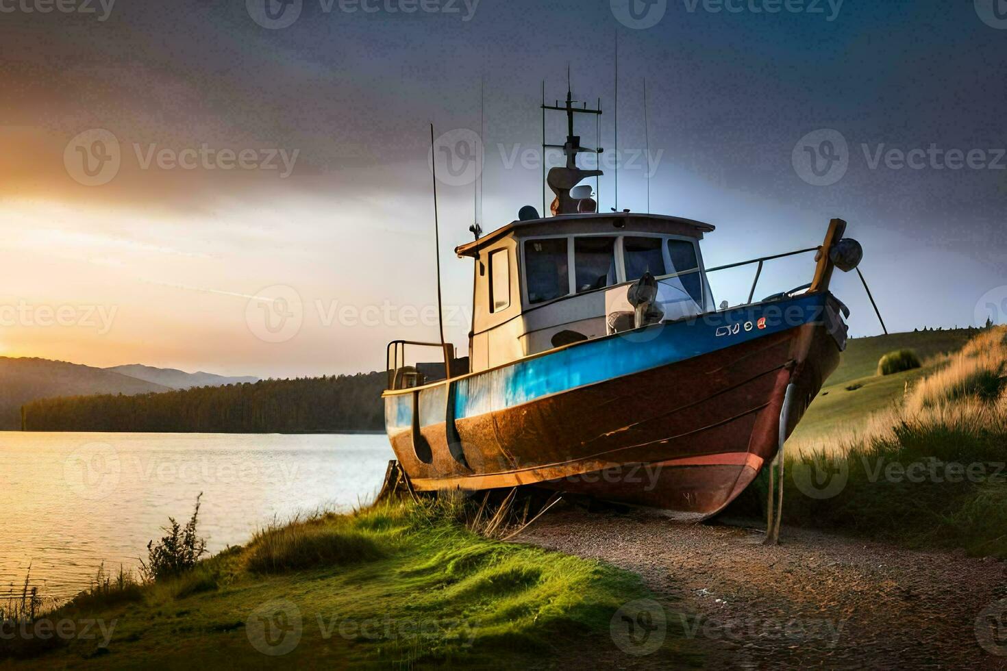 en båt sitter på de Strand på solnedgång. ai-genererad foto