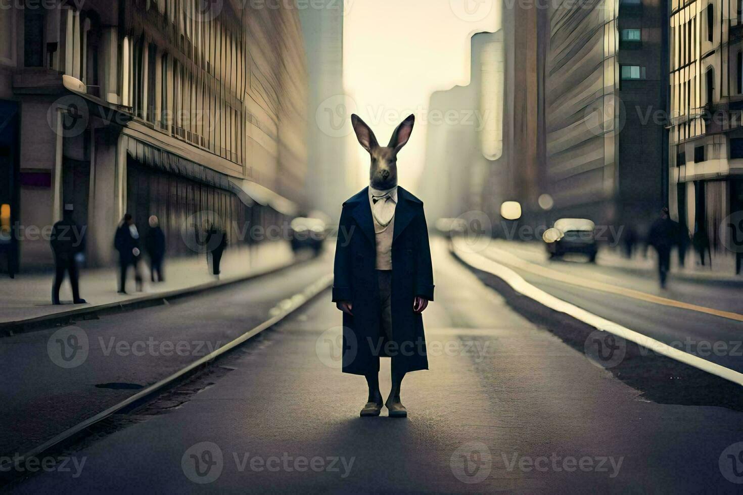 en kanin bär en kostym och slips stående i de mitten av en stad gata. ai-genererad foto
