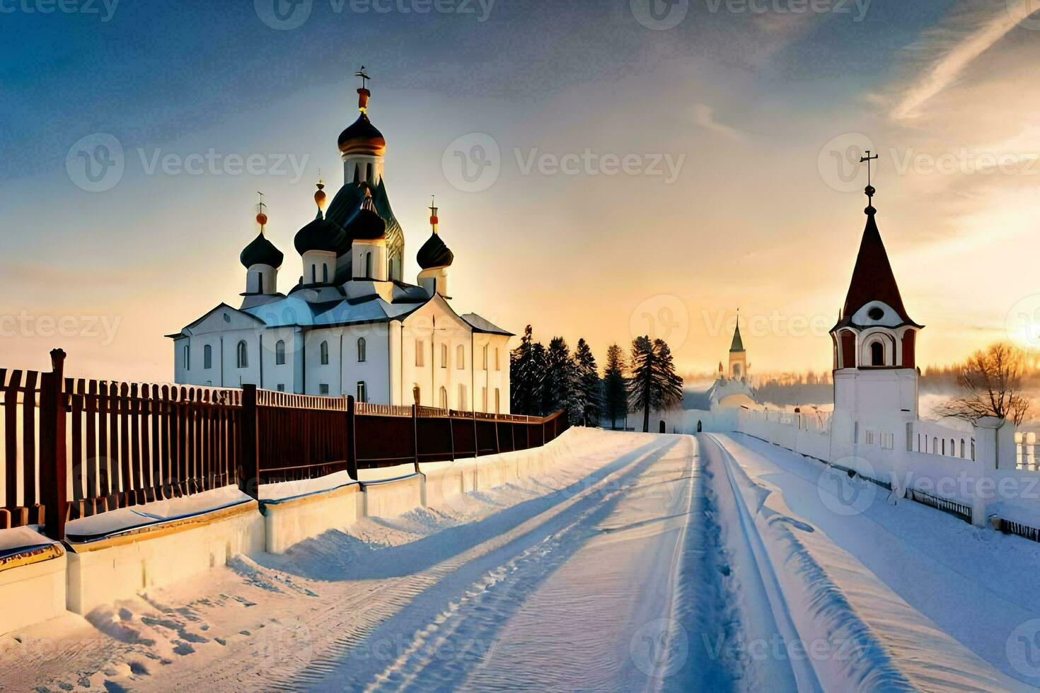 en kyrka och en väg i de snö. ai-genererad foto