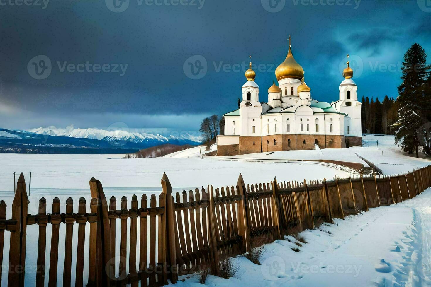 de kyrka av de helig korsa i de vinter. ai-genererad foto