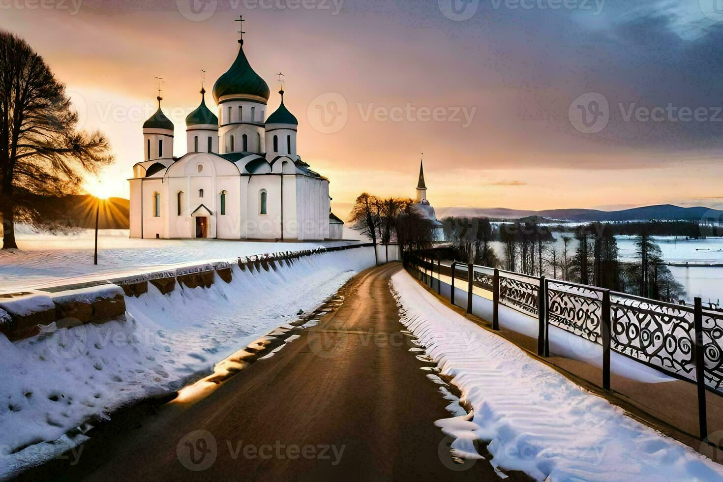 en snöig väg leder till en kyrka i de vinter. ai-genererad foto