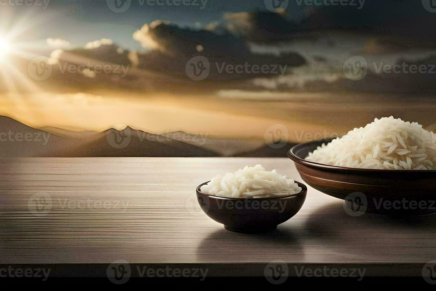 ris i en skål och en skål av ris på en tabell. ai-genererad foto