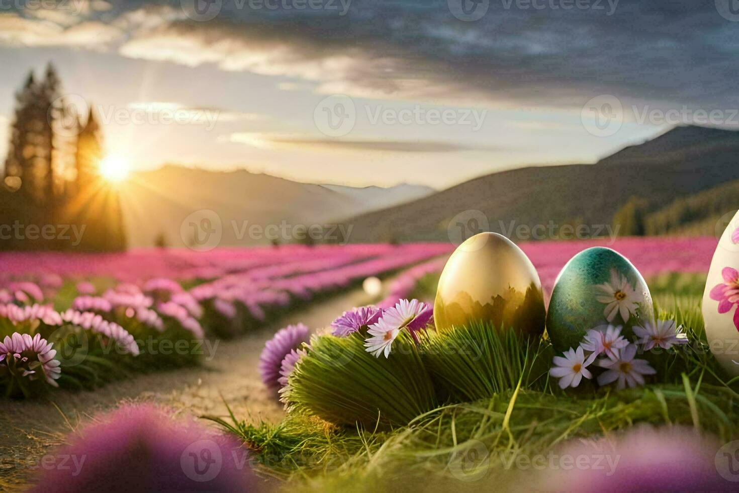 påsk ägg i en fält med lila blommor. ai-genererad foto