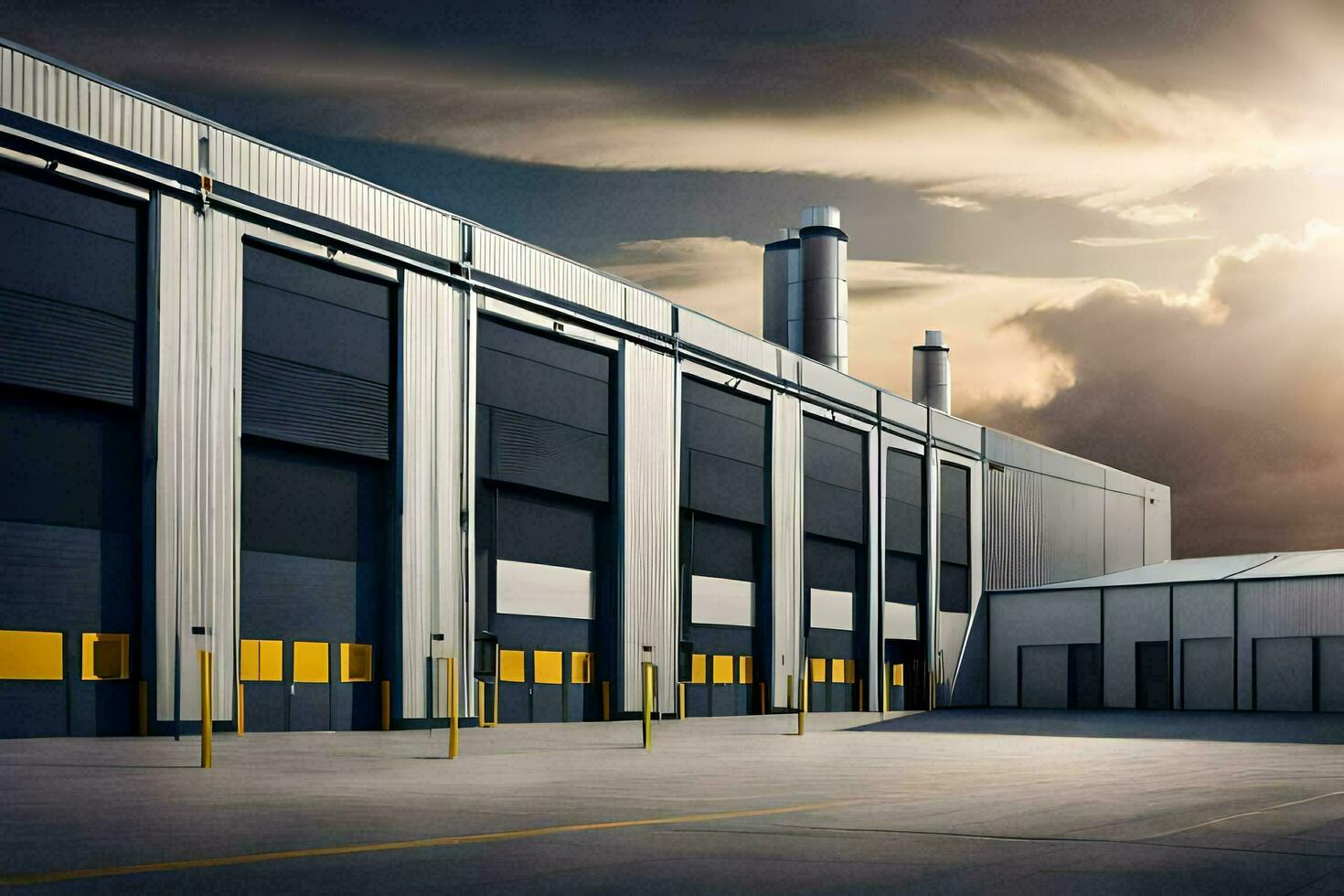 en stor industriell byggnad med gul dörrar. ai-genererad foto