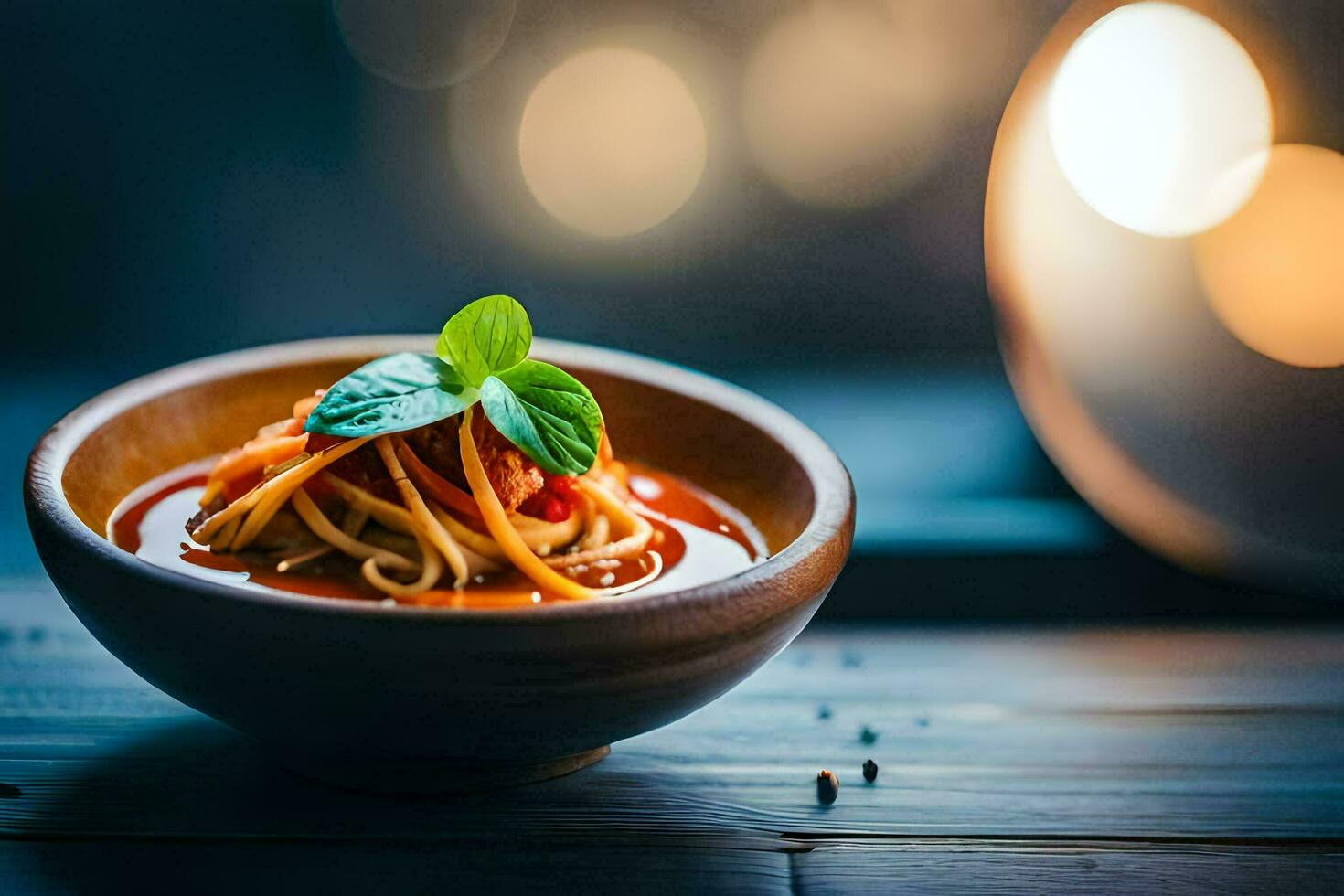 en skål av pasta med tomat sås och basilika löv. ai-genererad foto