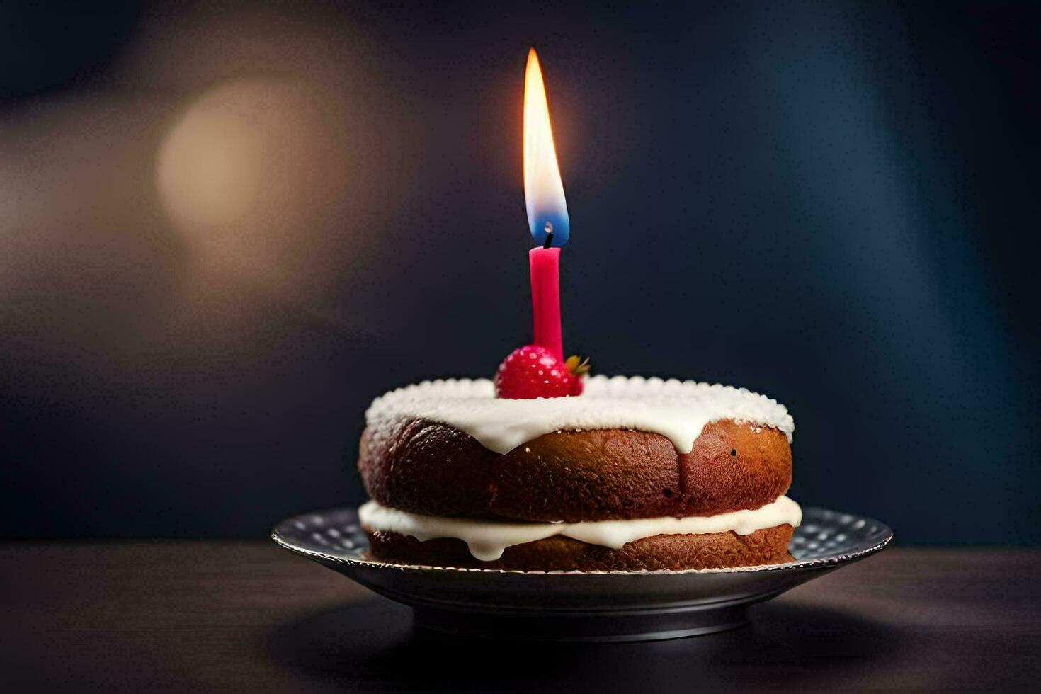 en små kaka med en enda ljus på topp. ai-genererad foto