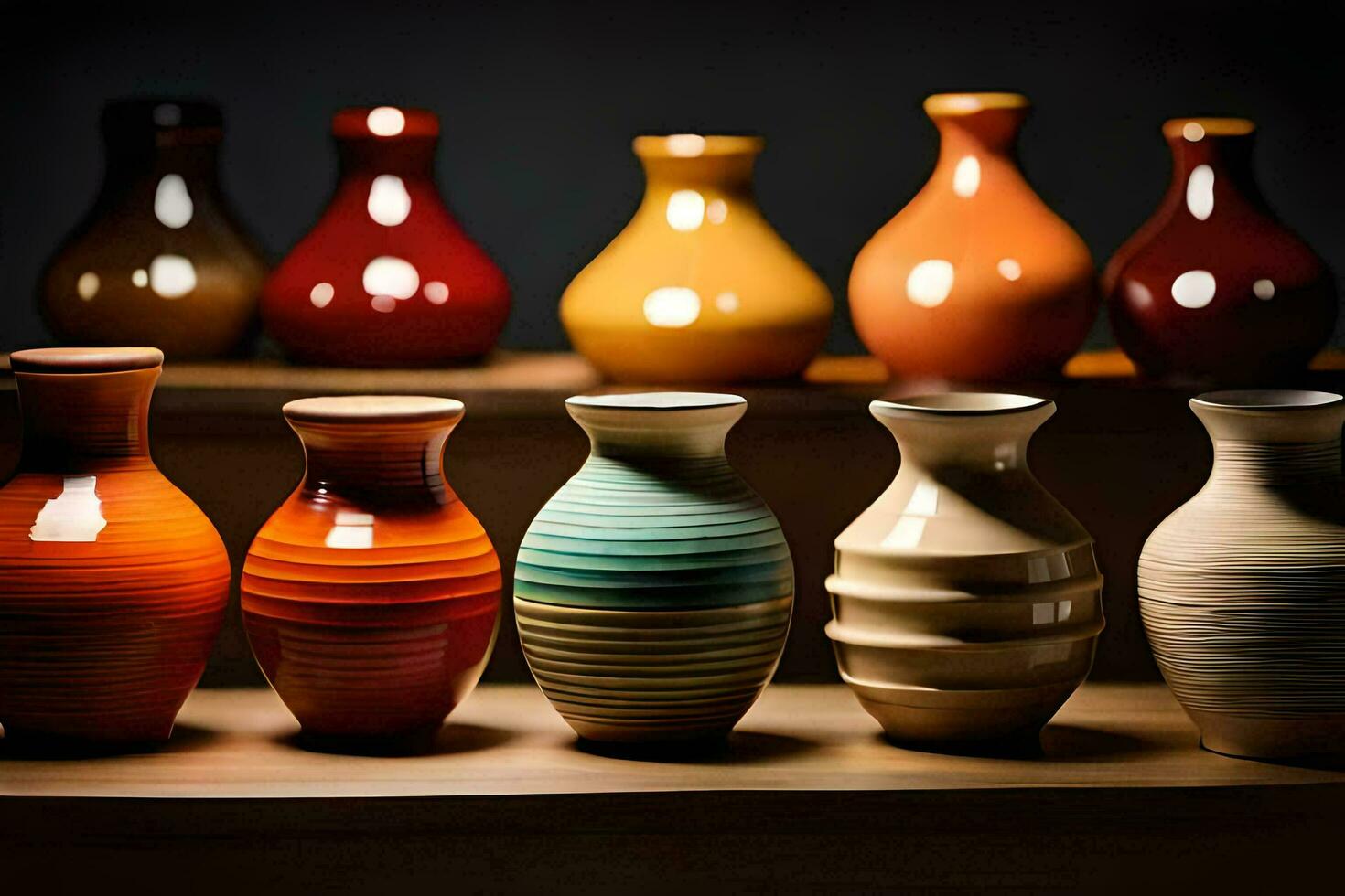 en rad av färgrik vaser på en hylla. ai-genererad foto