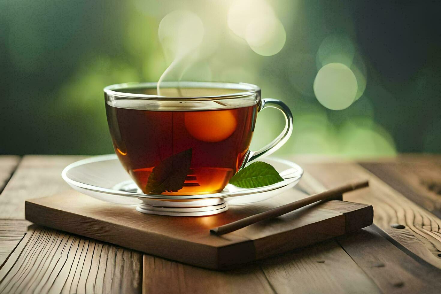 en kopp av te på en trä- tabell. ai-genererad foto
