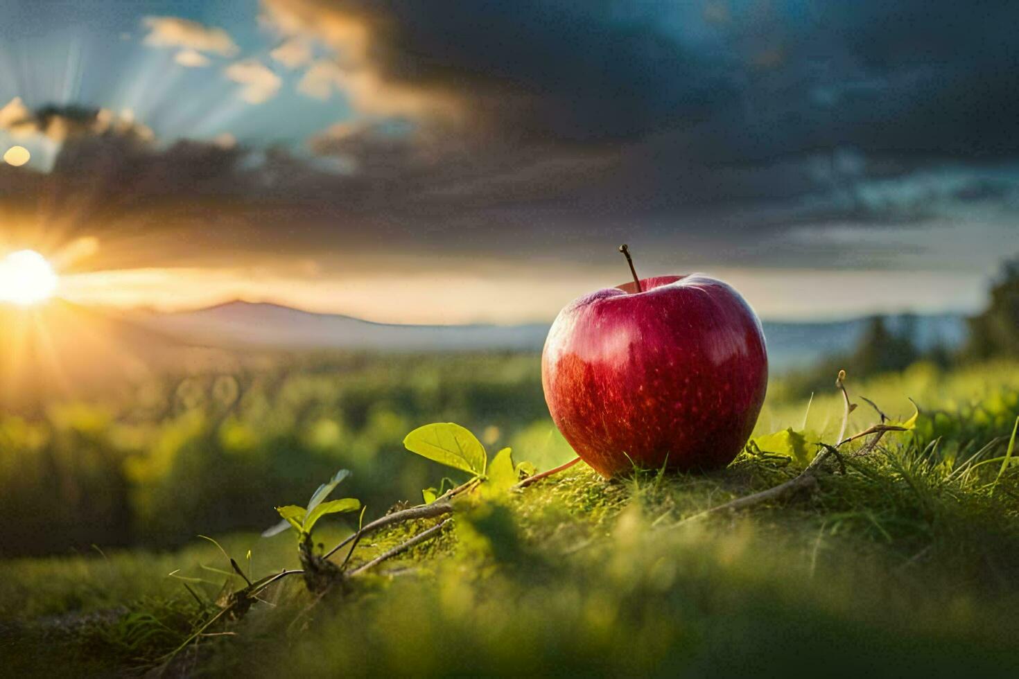 de äpple i de solnedgång. ai-genererad foto