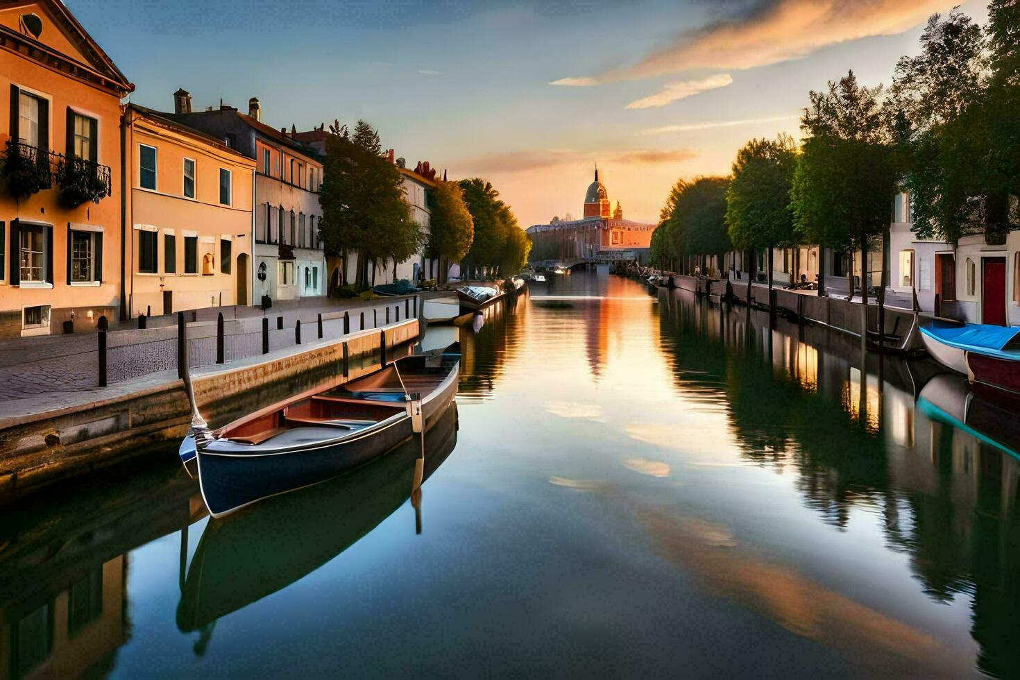 båtar är dockad i en kanal på solnedgång. ai-genererad foto