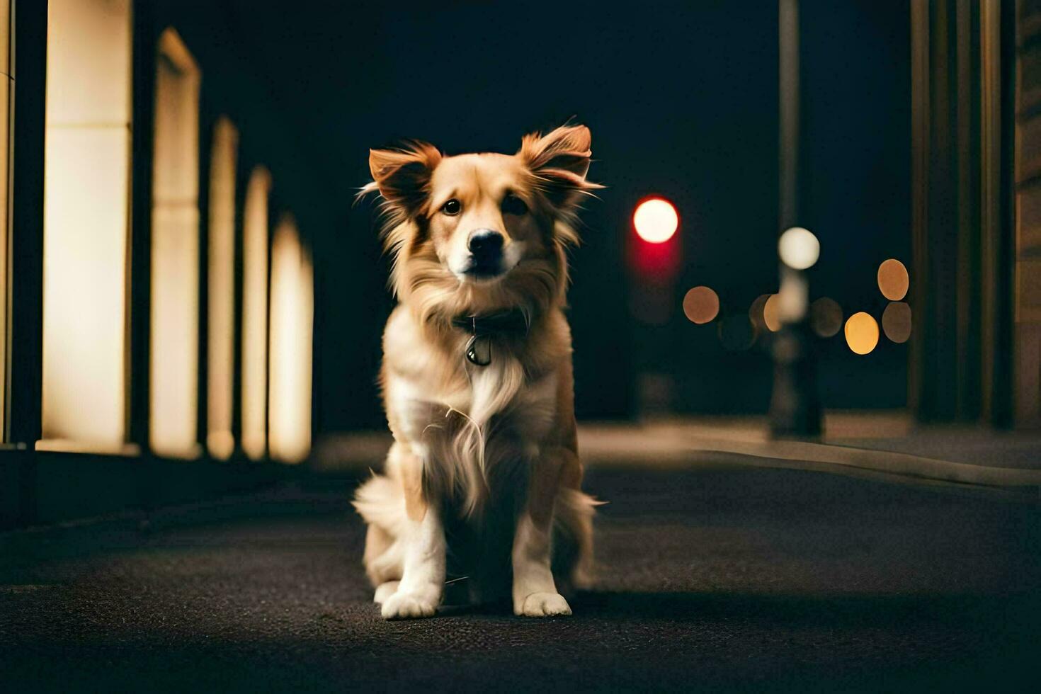 en hund Sammanträde på de gata på natt. ai-genererad foto