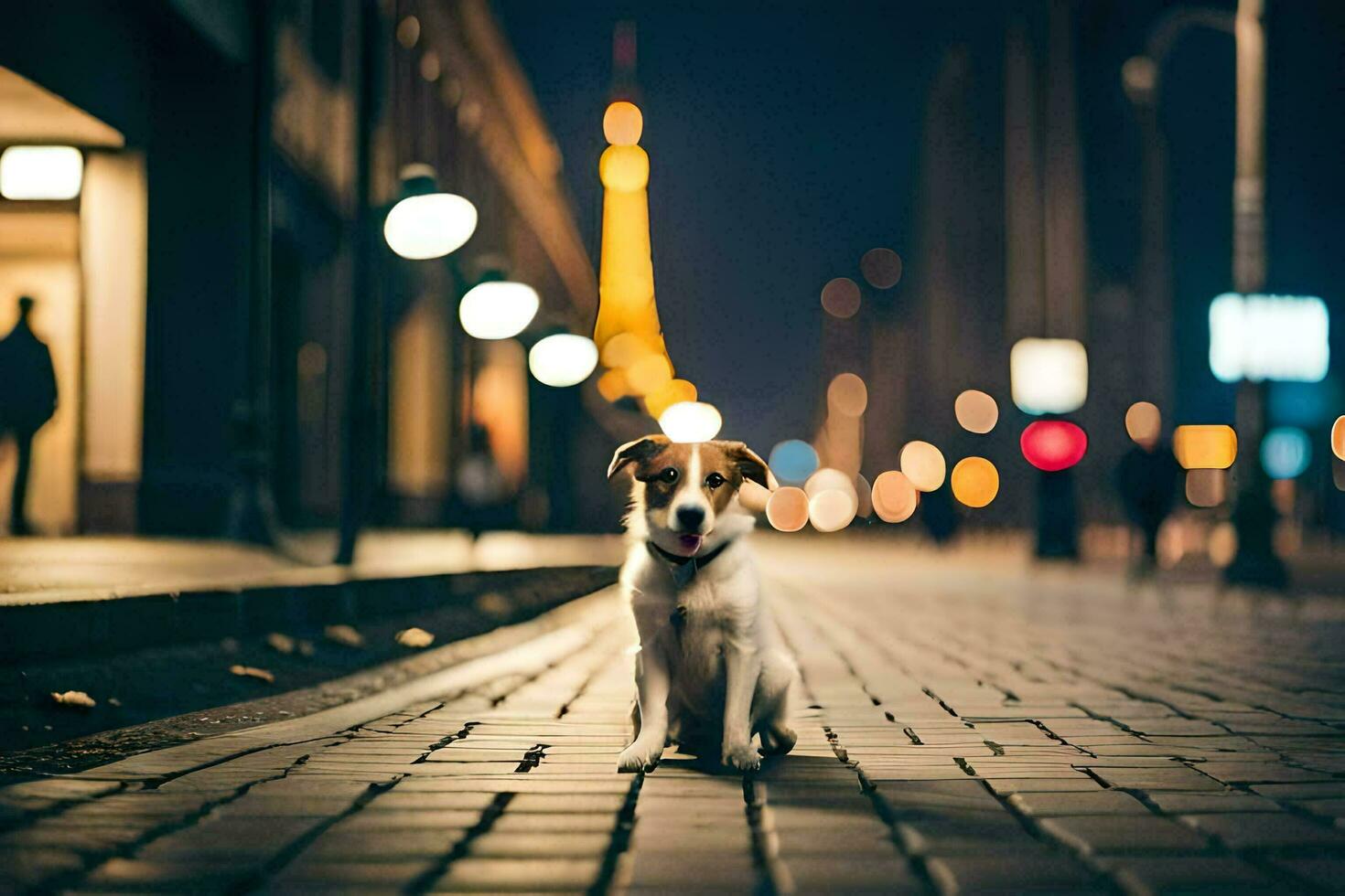 en hund Sammanträde på de gata på natt. ai-genererad foto