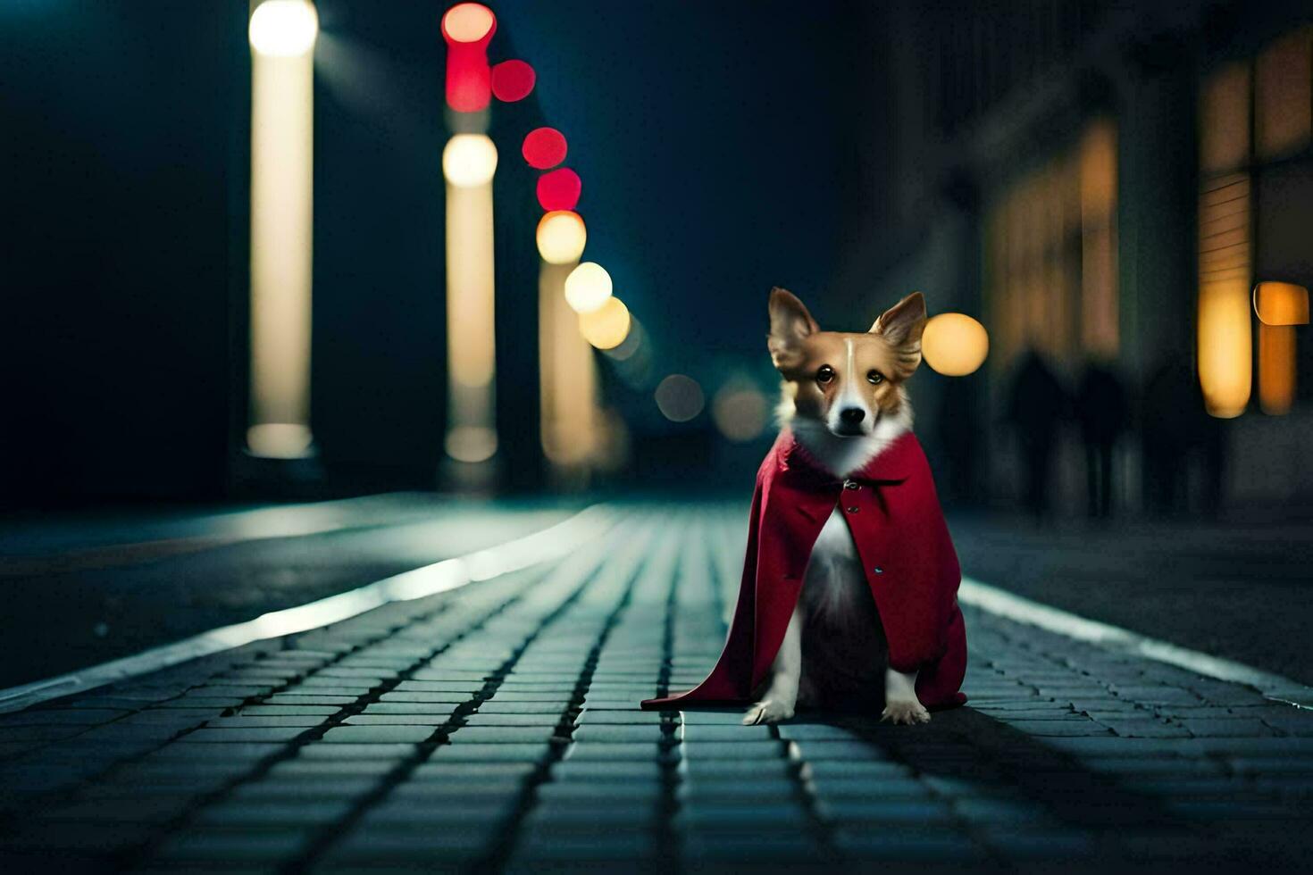 en hund bär en röd cape på en gata på natt. ai-genererad foto