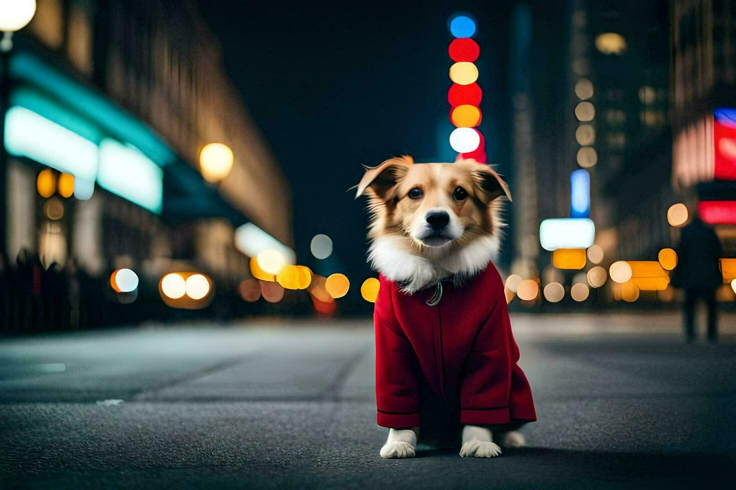 en hund i en röd täcka Sammanträde på de gata på natt. ai-genererad foto