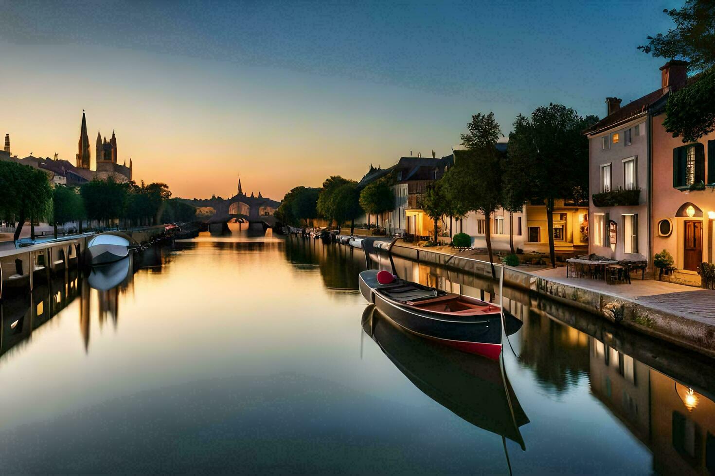 en båt är dockad på en kanal på solnedgång. ai-genererad foto