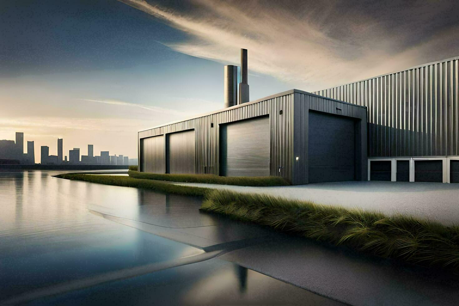 en modern industriell byggnad med en stor garage dörr. ai-genererad foto