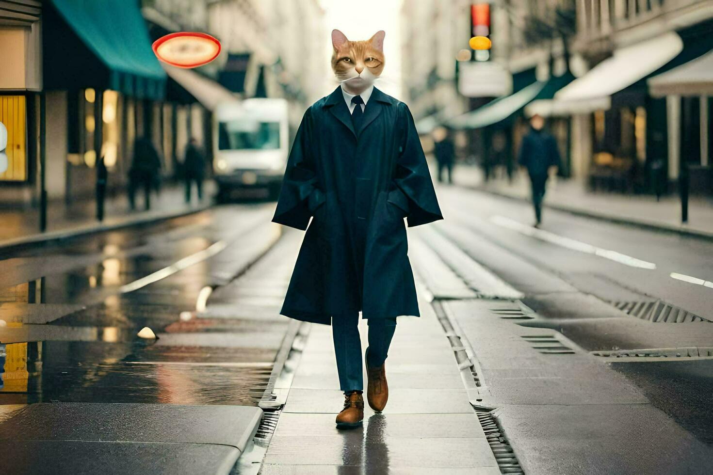 en katt bär en kostym och slips gående ner en gata. ai-genererad foto