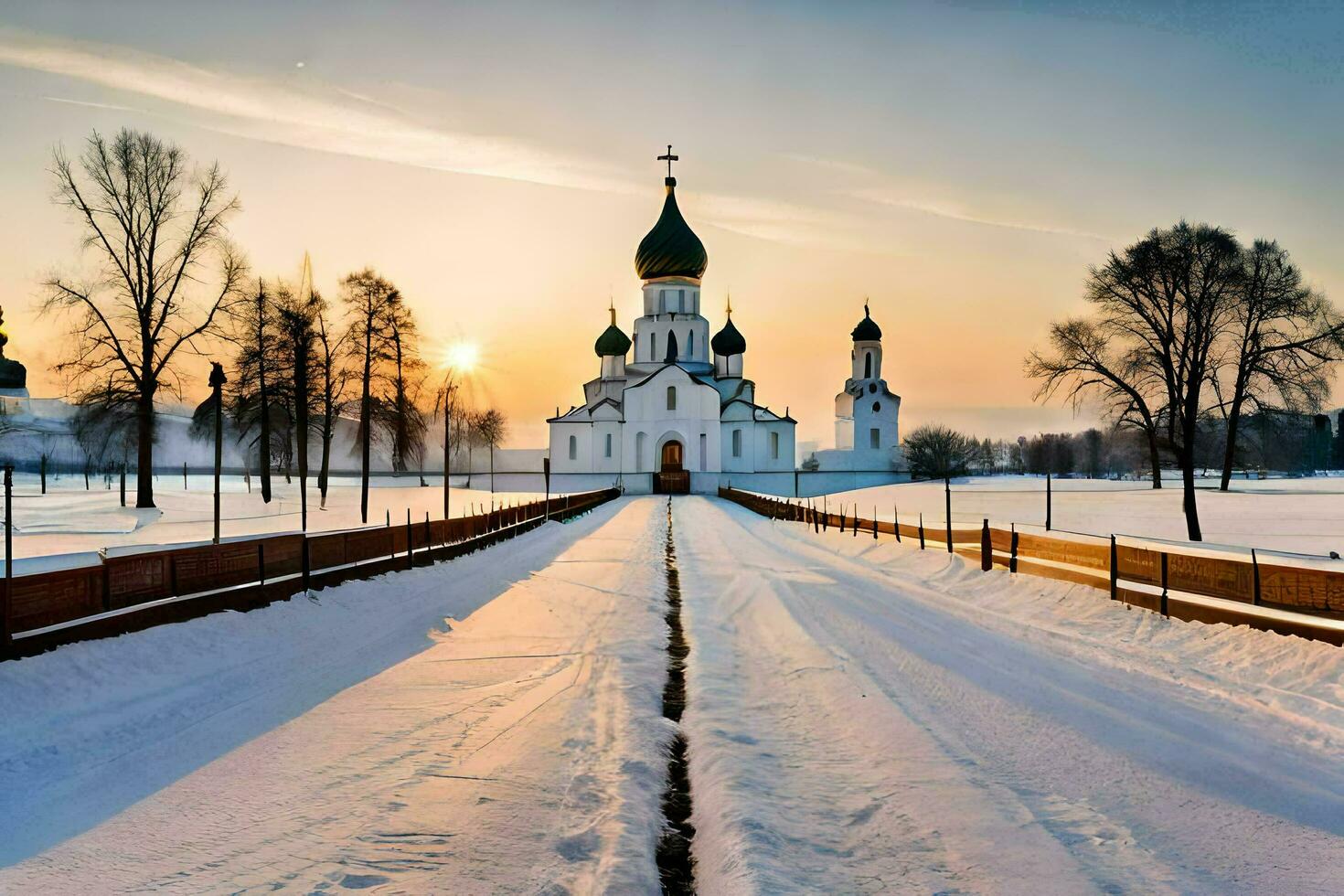 en snöig väg leder till en kyrka i de vinter. ai-genererad foto