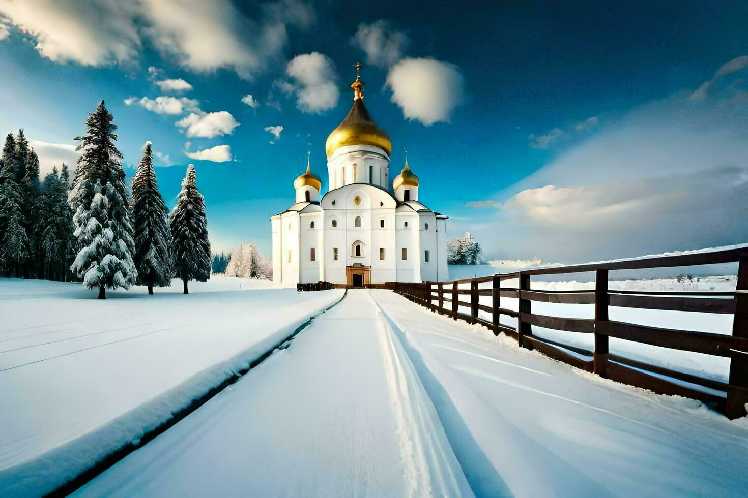 en vit kyrka i de snö. ai-genererad foto