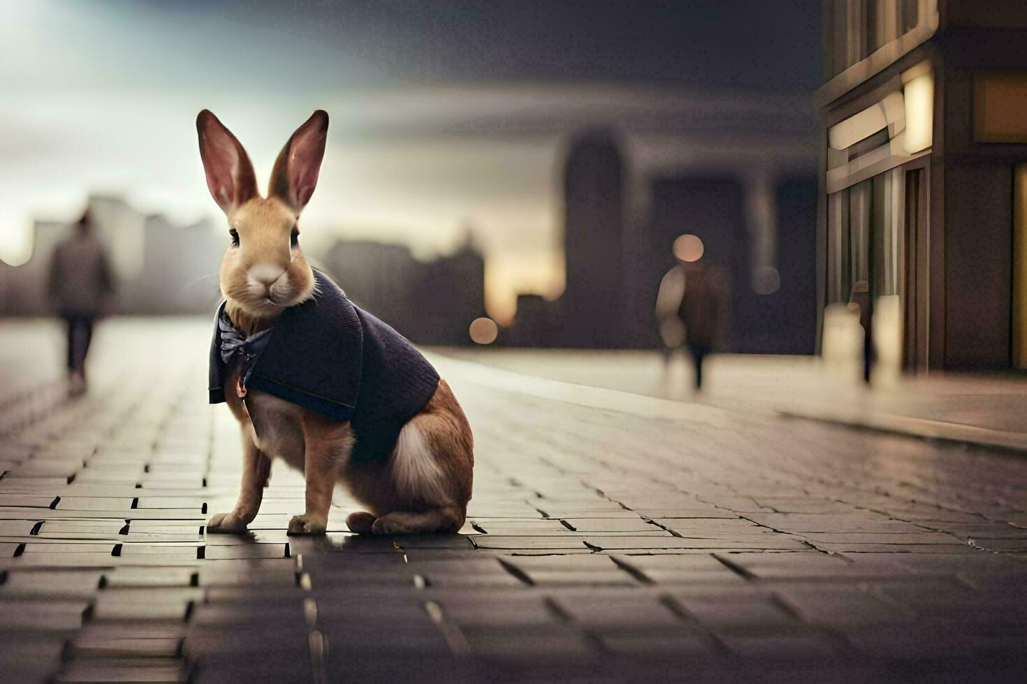 en kanin bär en jacka sitter på en tegel väg. ai-genererad foto