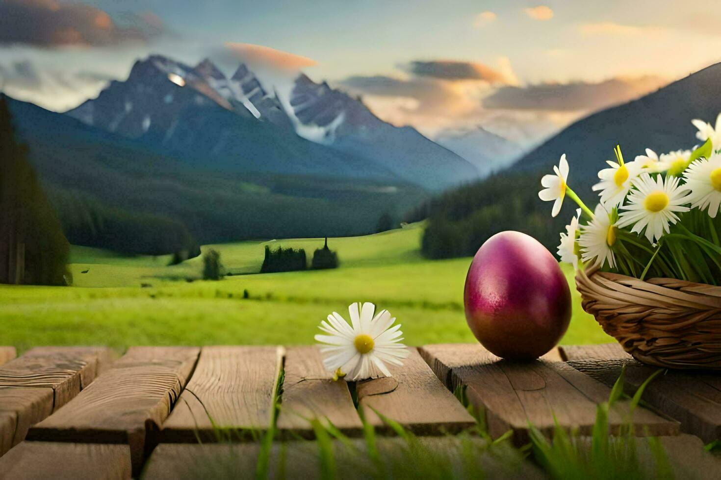 påsk ägg i en korg med daisy på en trä- tabell. ai-genererad foto