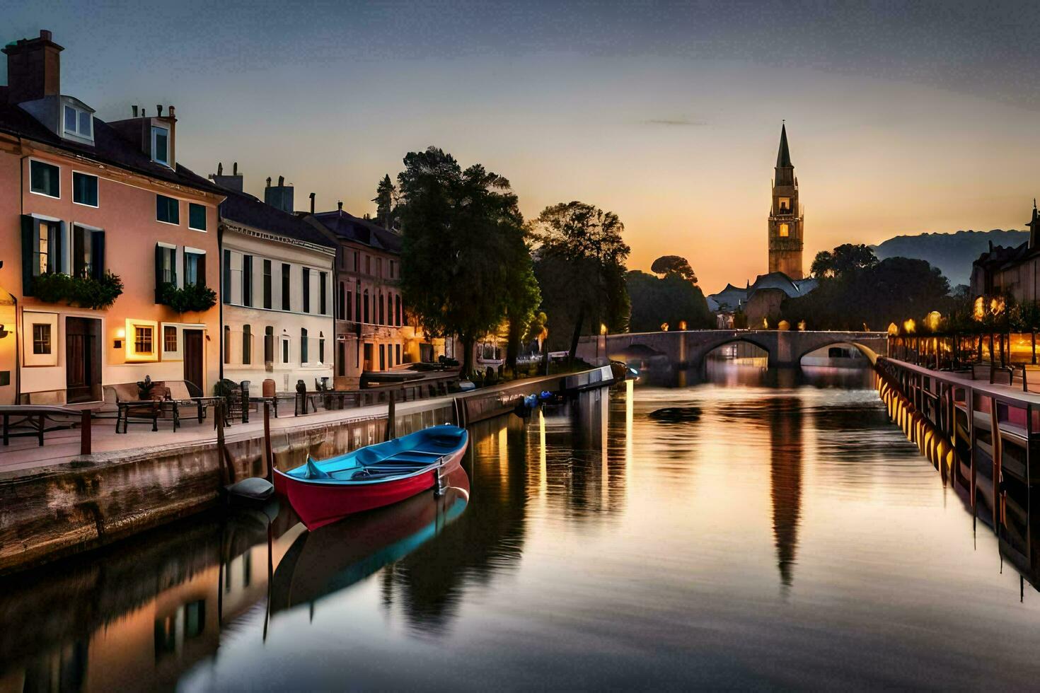 en båt sitter på de vatten i främre av en kyrka. ai-genererad foto