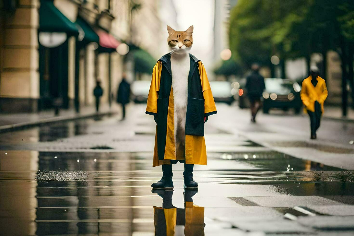 en person bär en katt mask i de regn. ai-genererad foto