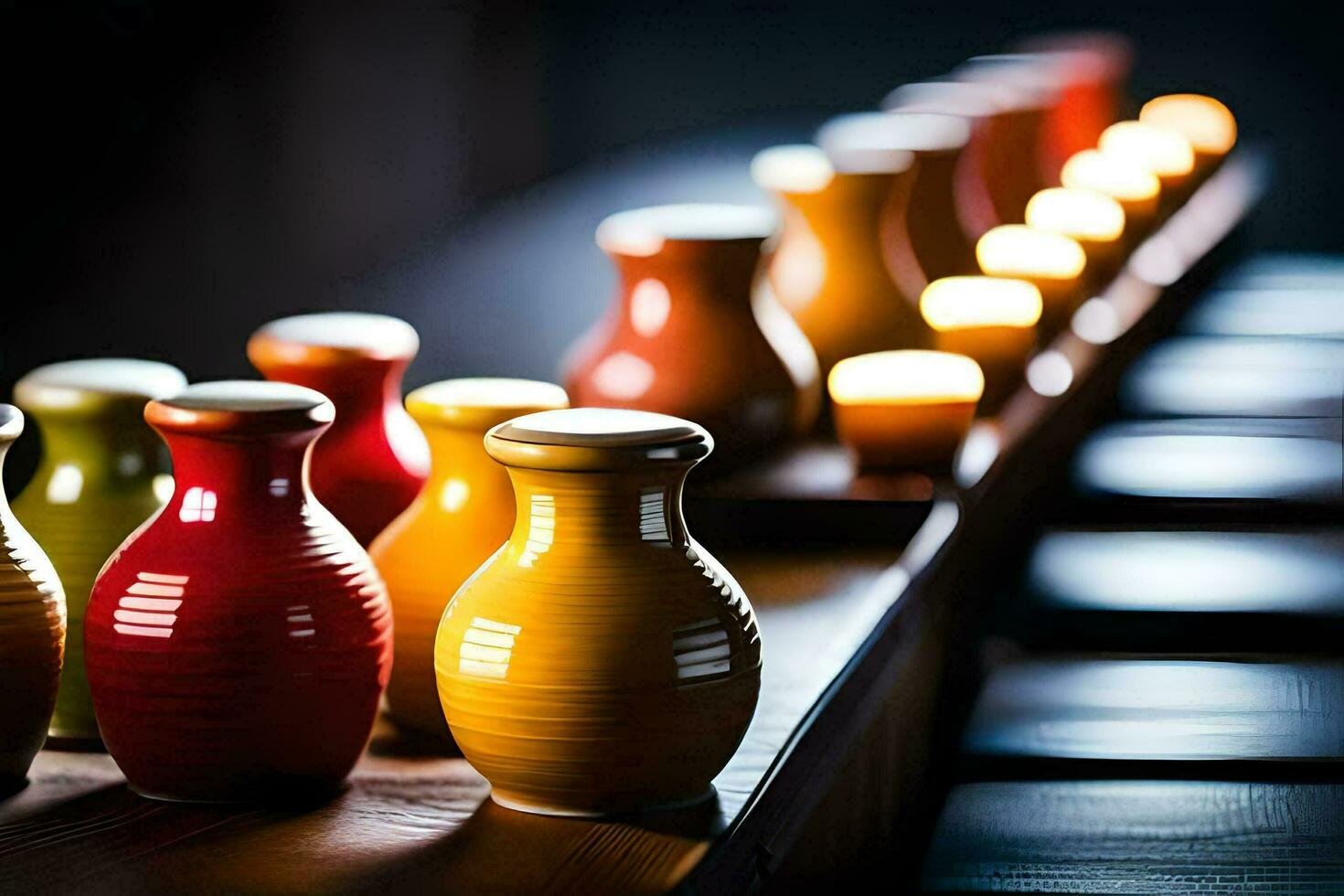 en rad av färgrik vaser fodrad upp på en tabell. ai-genererad foto